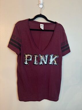 PINK Victoria's Secret Silver & Black Sequin Logo V-Neck T-Shirt Large